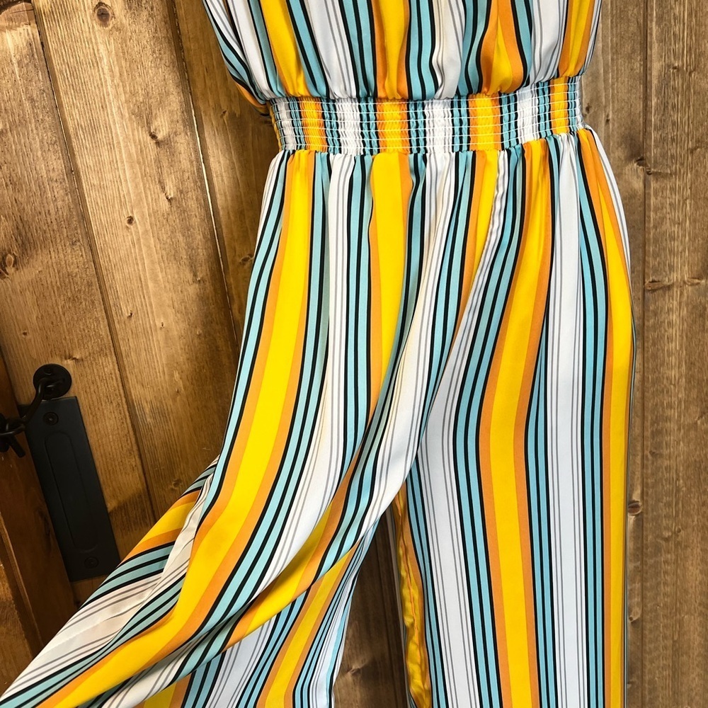 Forever 21 Medium Strapless Yellow Blue White Stripe Jumpsuit Casual - Picture 6 of 9